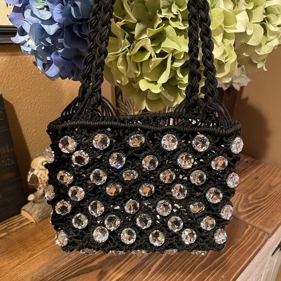ZARA Black Crocheted Rhinestone Jeweled Evening Purse - Picture 1 of 16